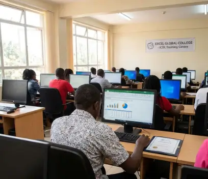 Student completing ICDL certification training in a Nairobi computer lab at Excel Global College