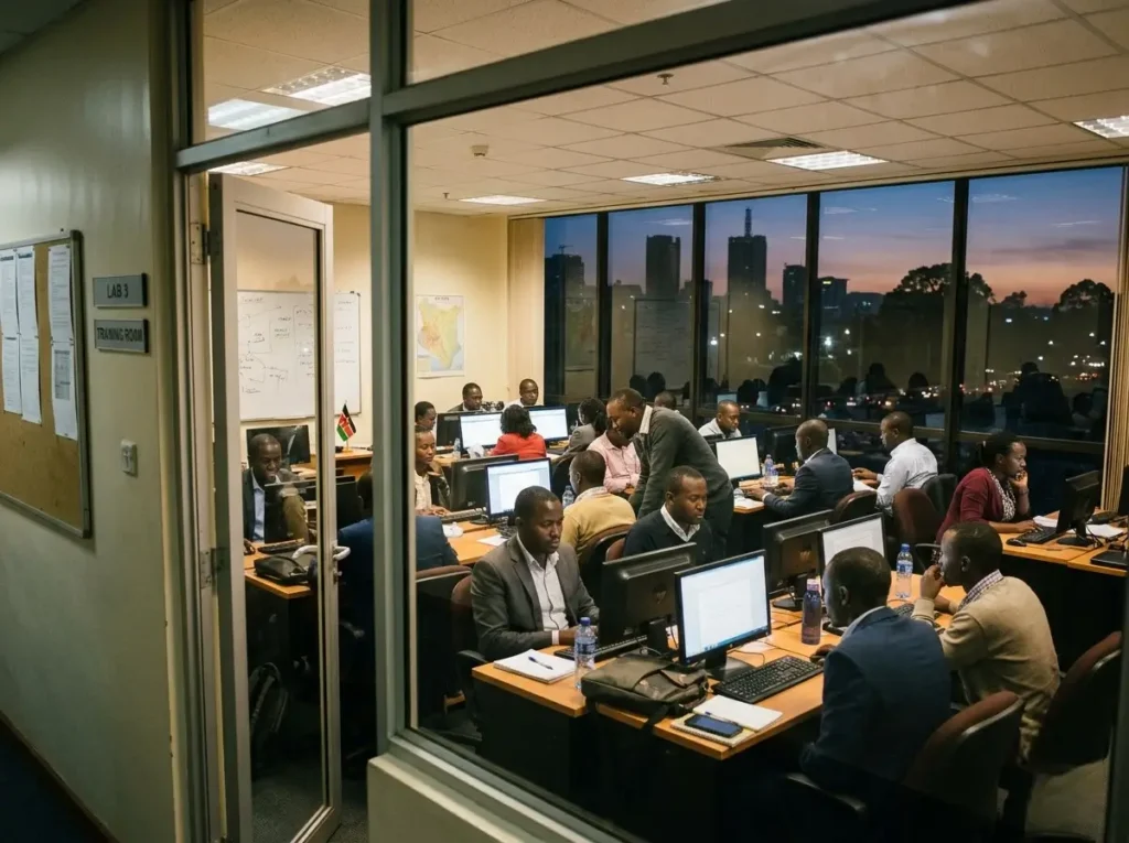 Working adults in an evening computer class in Nairobi