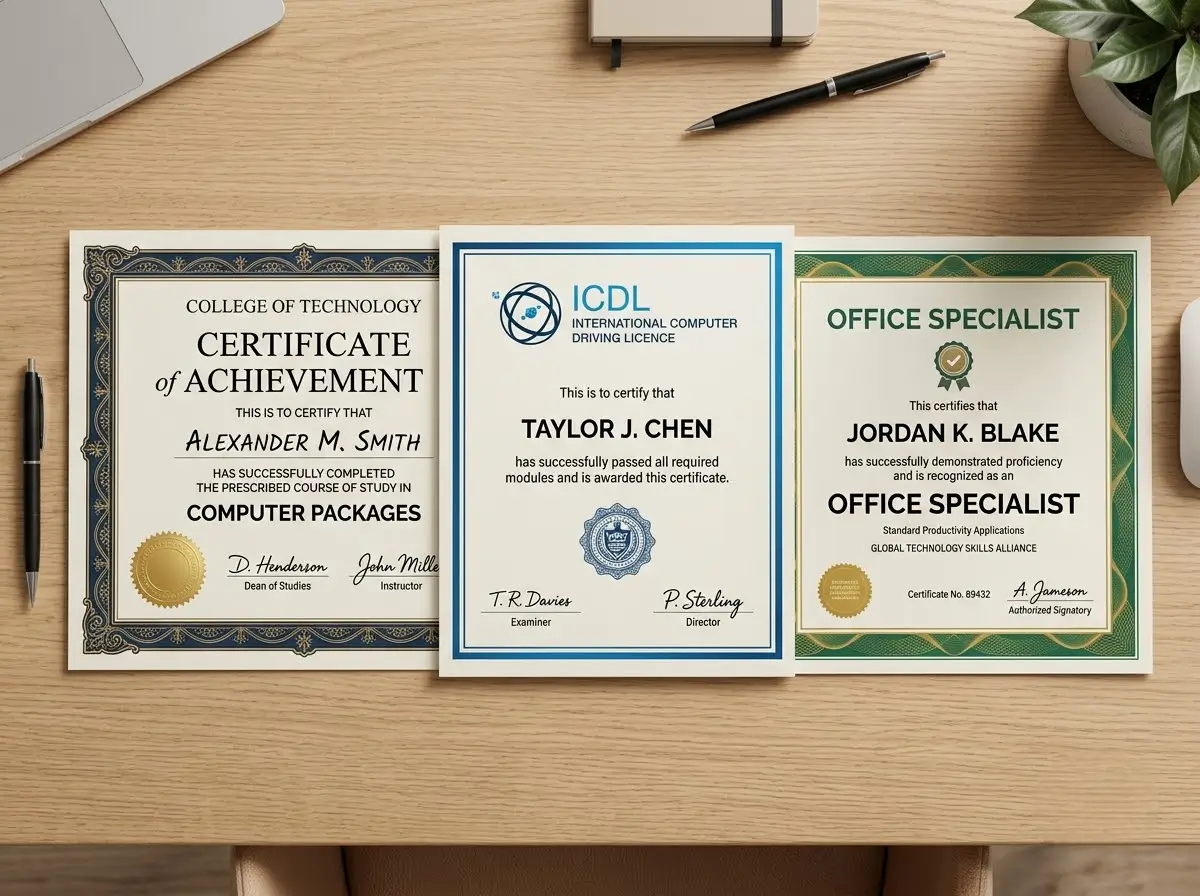 computer packages vs ICDL vs MOS certificates compared